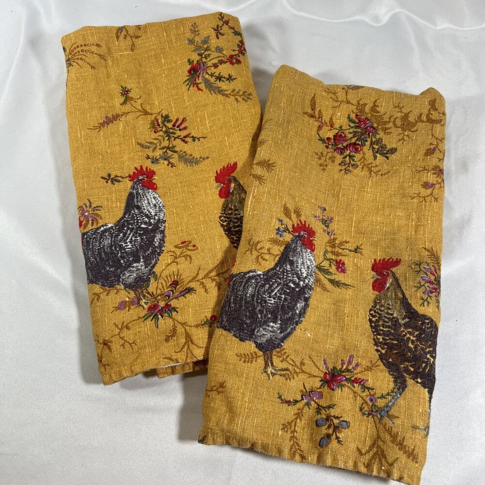 Set/2 Marc Lacaze Williams Sonoma 100% Linen Hen Chickens Tea Towel Mustard Gold